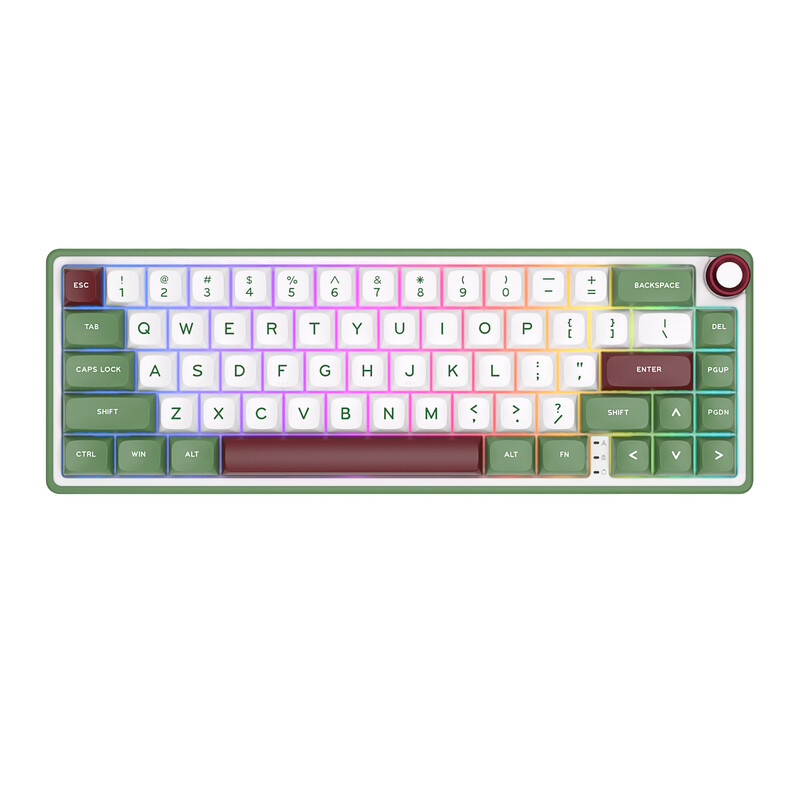 RK ROYAL KLUDGE R65 bedraad gamingtoetsenbord met volumeknop, 60% RGB-achtergrondverlichting, mechanisch toetsenbord met gasveermontage en PBT-toetsen, MDA-profiel, QMK/VIA, 66 toetsen, hot-swappable chartreuse-switches, groen zand