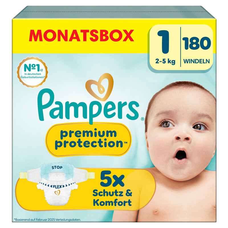 Pampers Premium Protection Größe 1, 180 Windeln, 2Kg-5Kg, Unser Nr. 1 Haut- Und Auslaufschutz