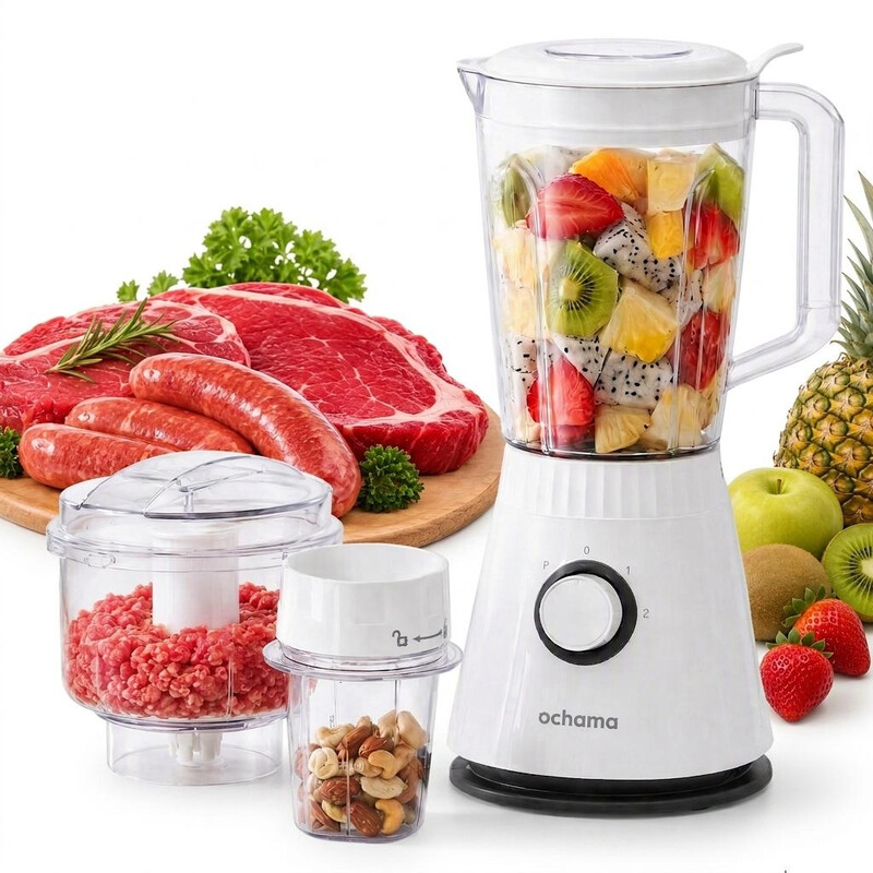 Ochama Multifunktions-Standmixer 600 W, 1,5 L Kompakter Elektrischer Smoothie Maker für Zuhause, 3 Geschwindigkeitsstufen, Eiscrusher, Fleischzerkleinerer, Gewürzmühle, Babynahrung, Saft, Leicht zu Reinigen
