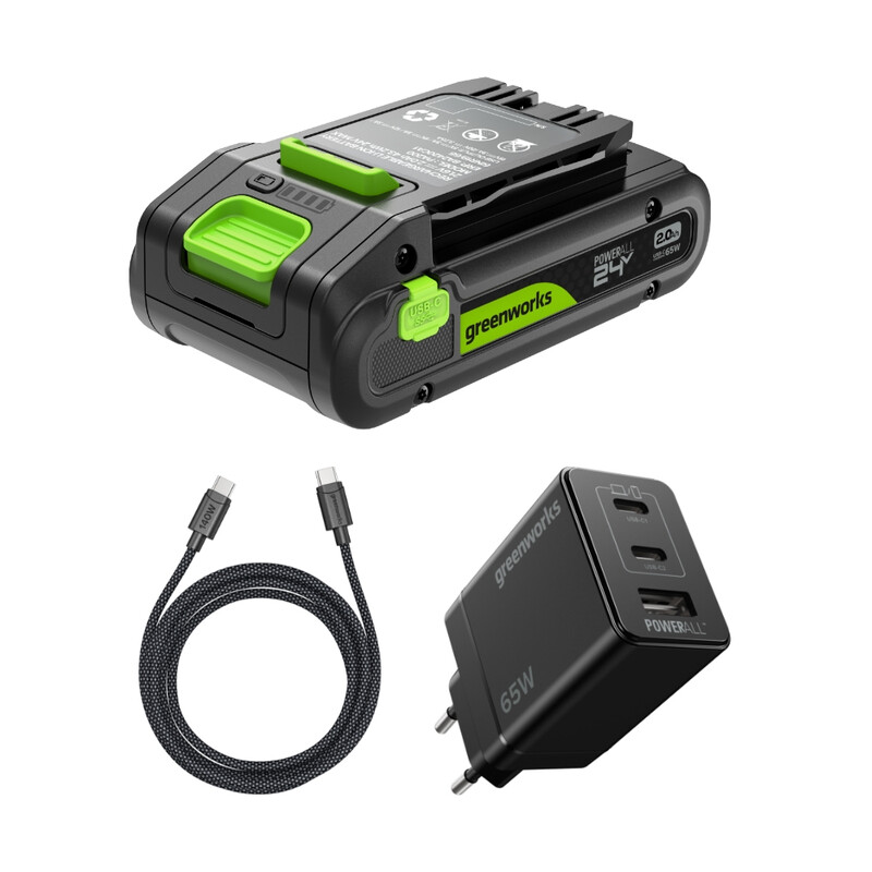 greenworks 24 V starterset 1x 2Ah HP USB-batterij + 65 W oplader + 100 W 1 m kabel