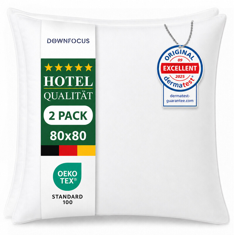 DOWNFOCUS Klassisches Design – Weißes Kissen aus 100 % Federn mit Bezug aus 100 % Baumwolle, Schlafkissen mit 800 g Federn, weiche Standard-Kissenfüllungen, 80x80 cm, 2er-Set, Öko-Tex-zertifiziert, hypoallergen, RDS-zertifiziert für Tierschutz