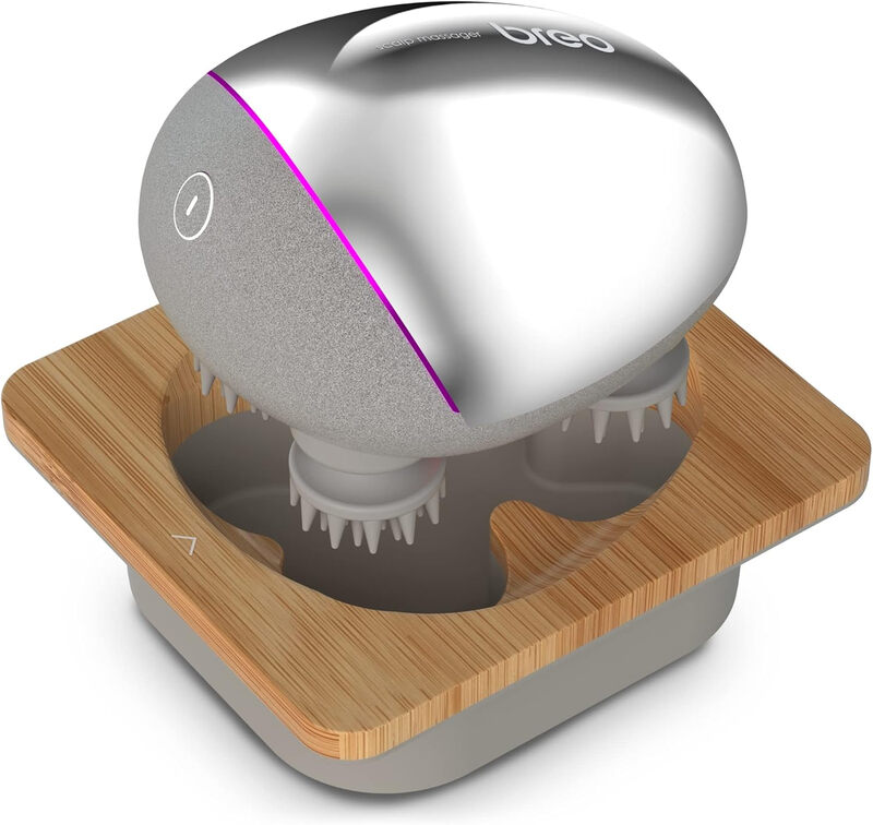 Breo draagbare mini oplaadbare hoofdhuidmassaager, IPX7-waterdicht, ontspannen hoofdhuid, met bamboe-houten oplaadbasis en uitwisselbare massageknooppunt (inclusief basis, zilver)