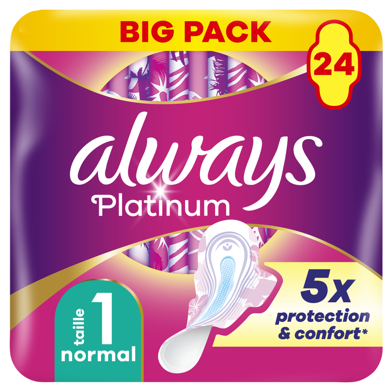 Always Serviettes hygiéniques Platinum normales avec ailettes, 24 unités