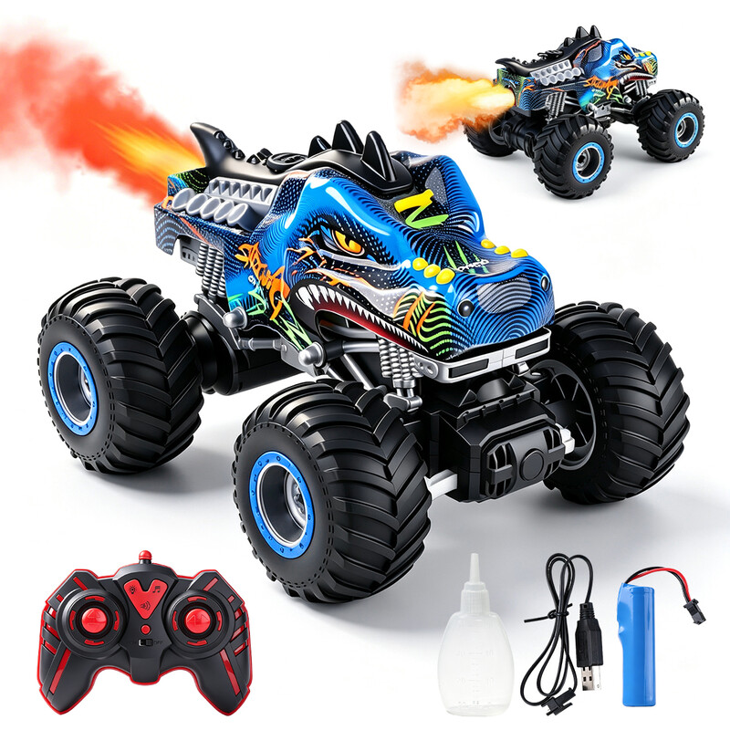 Dinosaurier RC Monster Truck 2,4 GHz Ferngesteuertes Big-Foot Stunt-Auto mit Sprühnebel, 360° Rotation, 3-Modus LED-Lichter Musik, Gummireifen All-Terrain Offroad-Fahrzeug Kinder Spielzeug Geschenk