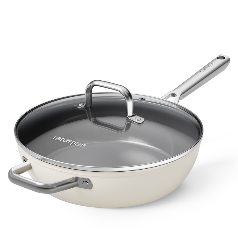 naturepan Keramik-Bratpfanne Diamant Titane 28 cm hoch mit Deckel – Antihaftbeschichtung ohne PTFE/PFOA/PFAS – Cool-Touch-Griff – Induktions- & ofenfest – Spülmaschinenfest – Milchweiß