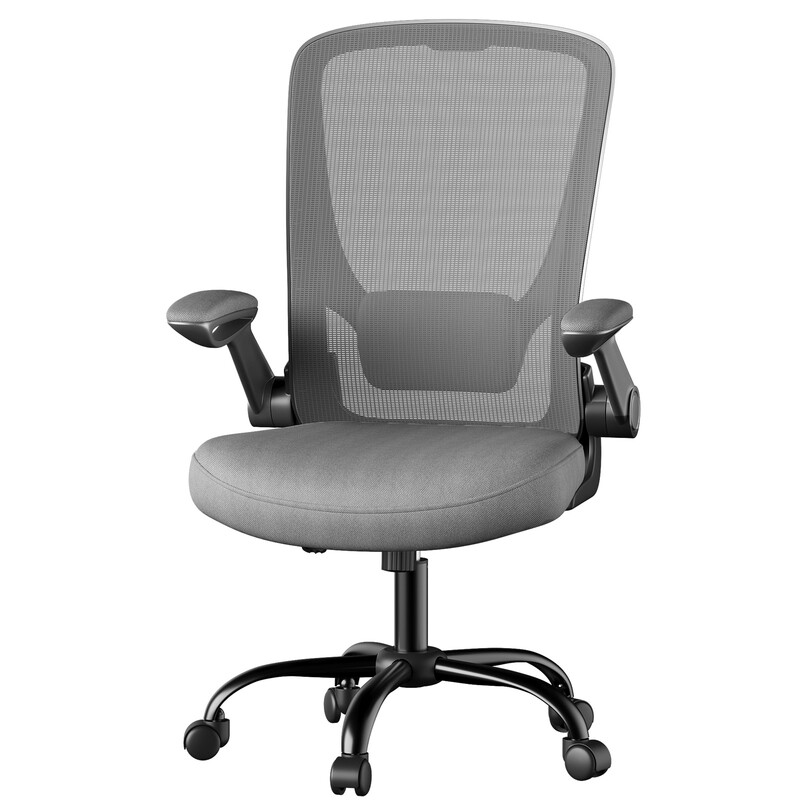 JOYFURNOS bureaustoel van gaasstof, ergonomische draaistoel, inklapbare armleuningen, grijs