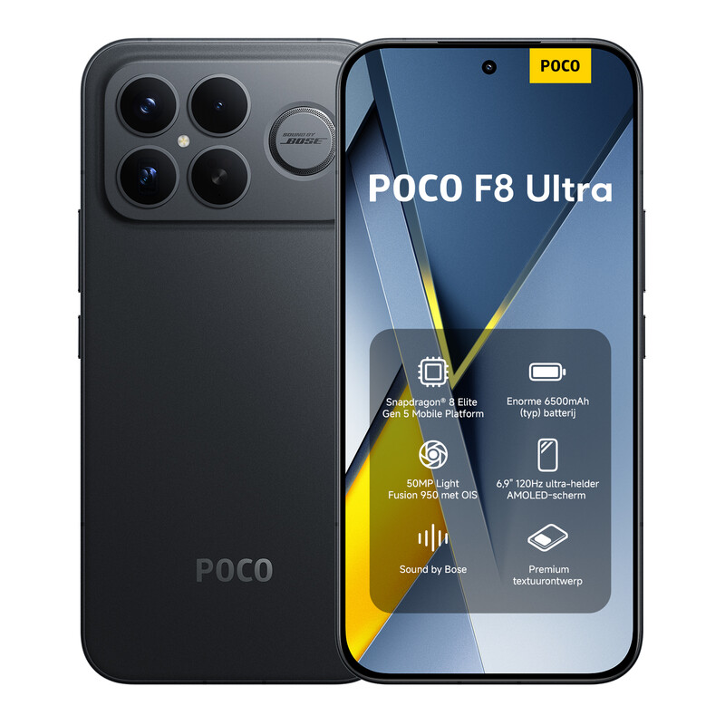 POCO F8 Ultra Zwart 16 GB RAM 512 GB ROM, 6,9" AMOLED-scherm 120 Hz, 50 MP Light Fusion 950 Camera met OIS, Bose-ondertekend geluid, 6500 mAh batterij, Origineel met officiële garantie