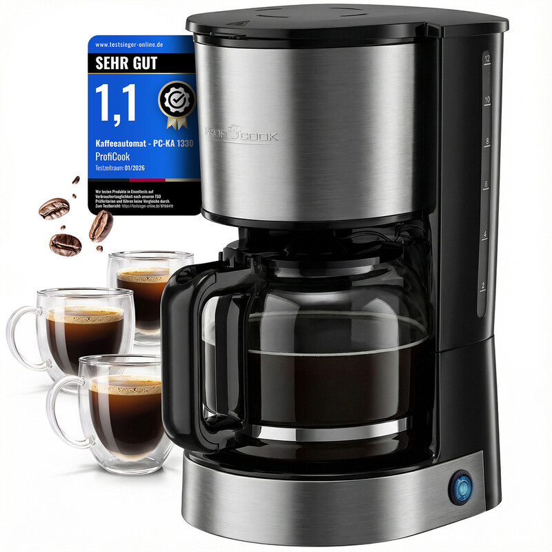 ProfiCook® Filterkaffeemaschine mit Glaskanne, für 12–14 Tassen Kaffee, Warmhaltefunktion, Tropfstopp-System, 800 W, ca. 1,5 L, Edelstahlfront, PC KA 1330