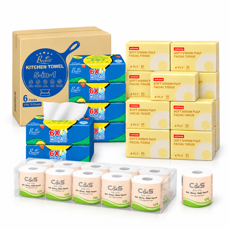 Keukenpapier bundel - ochama 4-laags gezichtstissues 1800 vellen (90*20)*1 + C&S 4-laags toiletrollen 135 g x10*1 + Breeze keukenpapier 456 vellen (76*6)*1