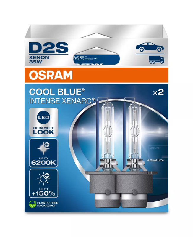 OSRAM XENARC® COOL BLUE® INTENSE D2S, 150% meer licht, tot 6.200K, xenon koplamp, LED-look, 2 lampen