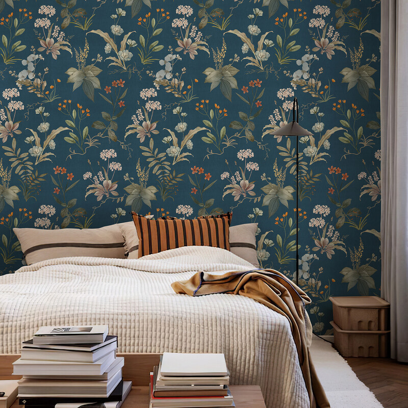 Falling Flowers Peel and Stick Wallpaper Blue 44x305cm 1 Roll