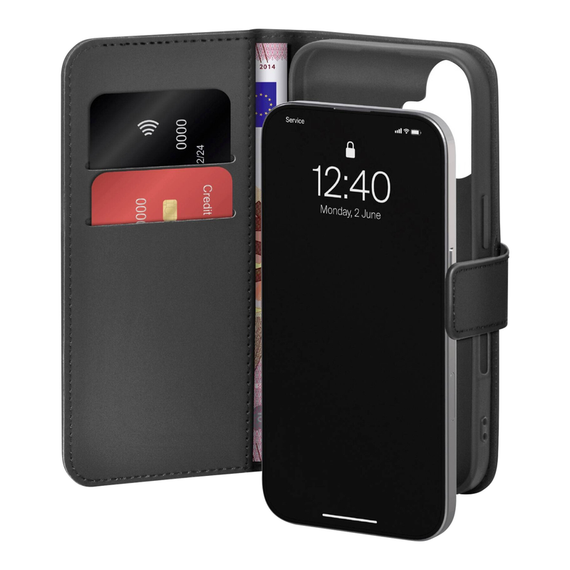 Puro Wallet Stand Case für iPhone 17 aus Öko-Leder, mit Klappe, Brieftaschen- und Standfunktion - Schwarz