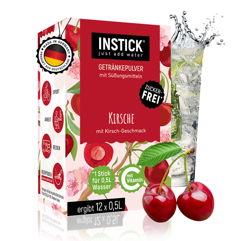 INSTICK Zuckerfreies Instant-Getränk (Kirsche) - 1 Packung für 12 x 0,5-1 L - Veganes Getränkepulver Kalorienarm & Vitamin C - Instant-Pulver