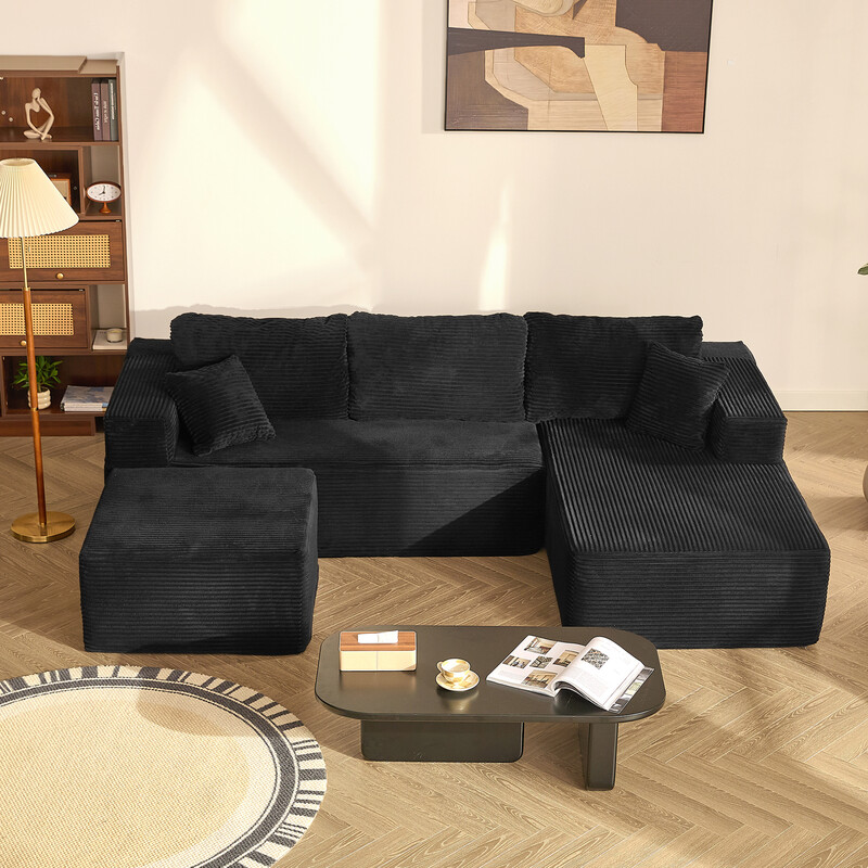 Joyic 272 cm U-vormige bank zonder binnenframe met poef, corduroy, zwart, geen montage vereist, diep zitontwerp, zachte corduroy bekleding, flexibele modulaire indeling