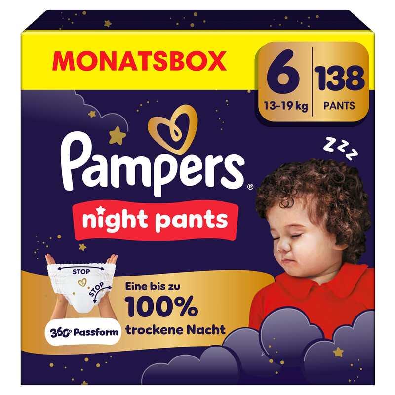 Pampers Night Pants Größe 6, 138 Windeln, 13–19 kg, bieten extra Schutz für die ganze Nacht