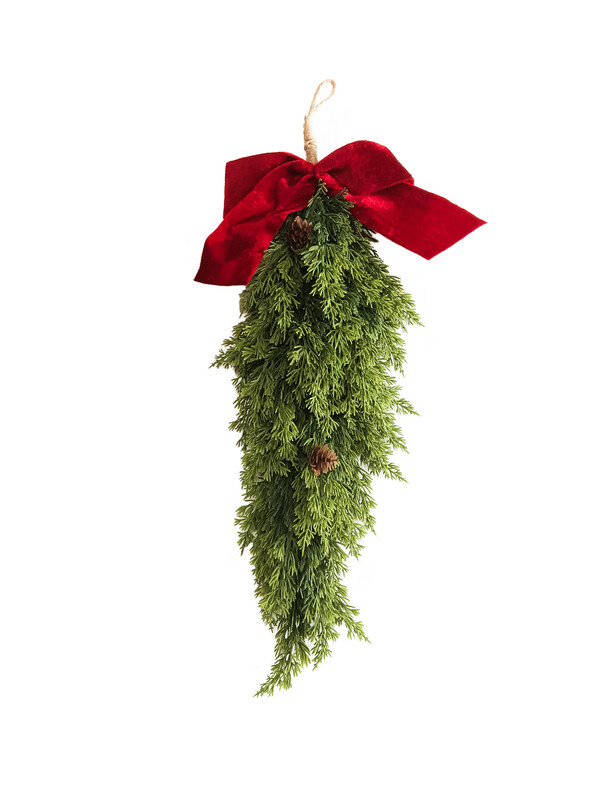 50cm Red Bow Swag Cedar & Pinecones
