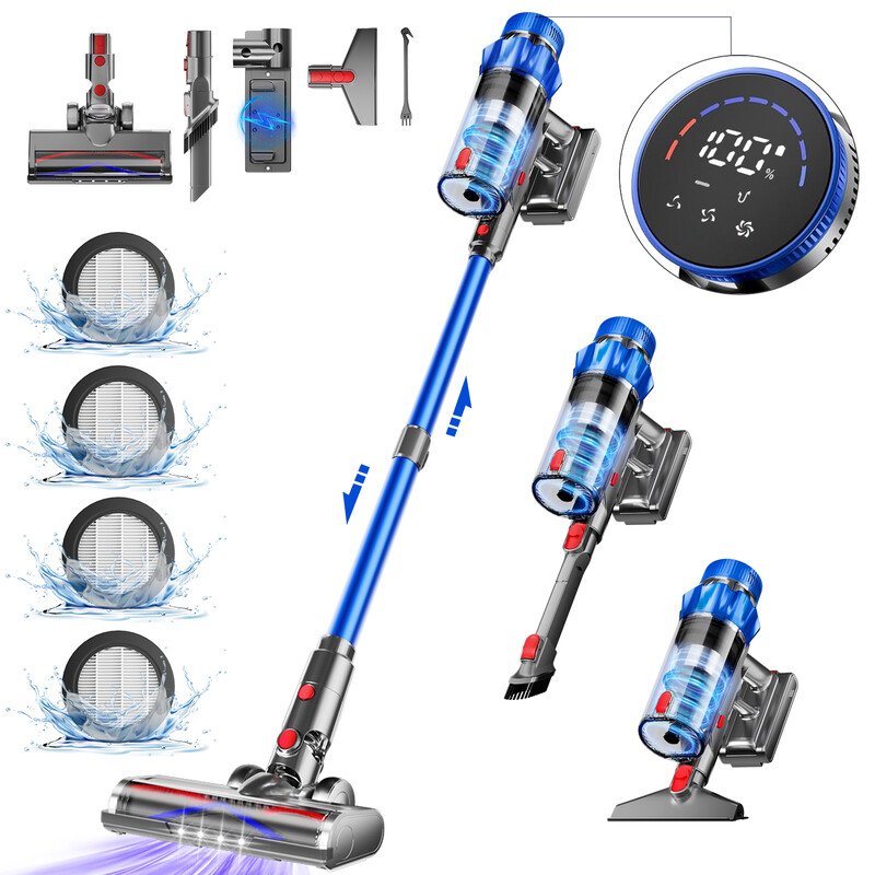 Daynee Cordless Stick Vacuum Cleaner, 65 kPa Suction Power, Up to 70 min Run Time, with Display, Anti-Tangle Brush and Aromatherapy, HEPA Filters (Pack of 4), for Pet Hair, Carpets and Hard Floors, Model AZA65