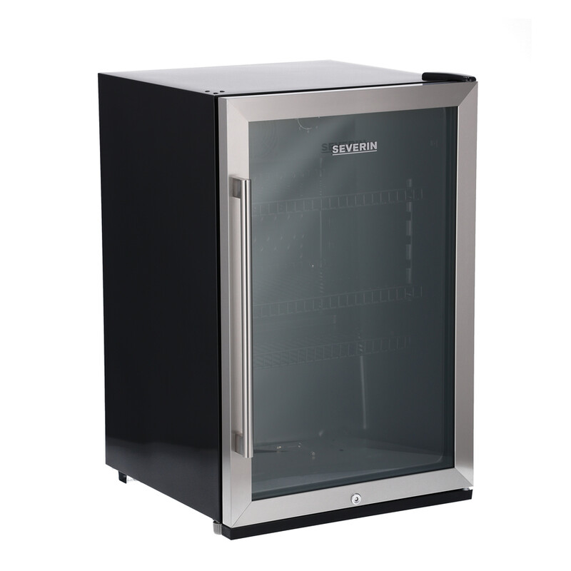 Severin FKS 8840 Minikühlschrank mit Glastür - 118 Liter Kühlvolumen, LED-Beleuchtung, Schloss, Schwarz/Silber