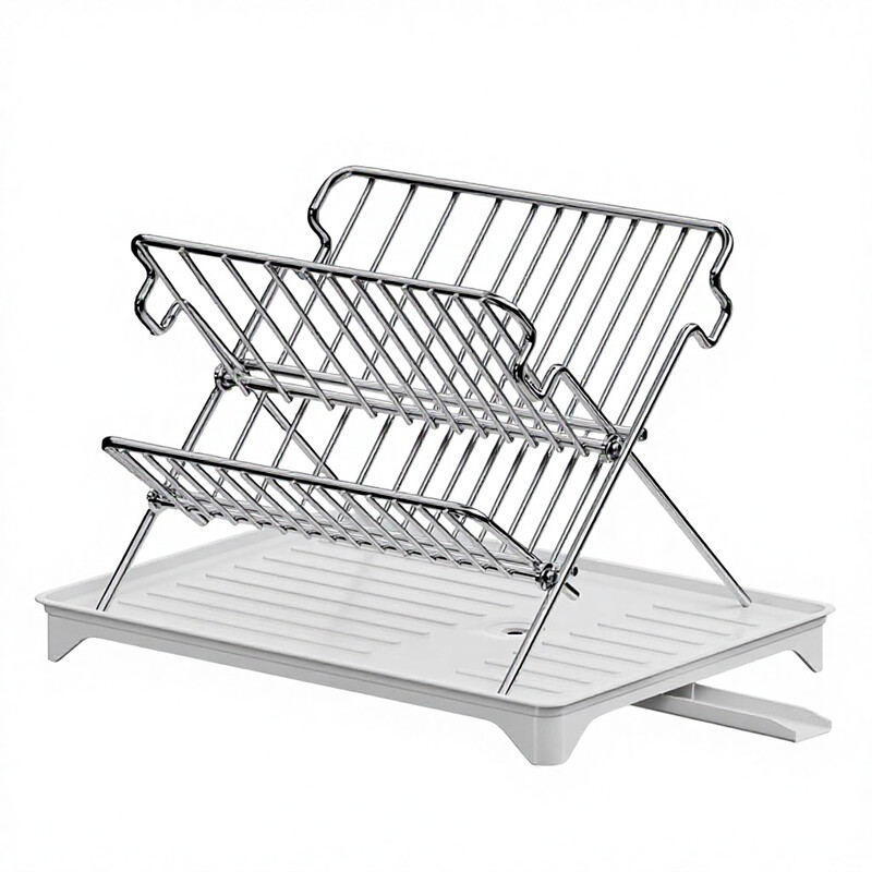 MAXCOOK 2 Tier Foldable Stainless Steel Dish Drying Rack with Removable Drain Tray, Collapsible Space Saving Dish Drainer for Kitchen Counter, Plates Bowls Cups Organizer Holder