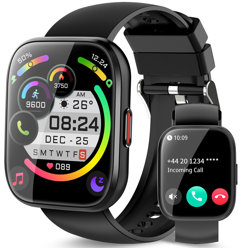 Jugeman P114 Zwart Smartwatch voor Dames Heren Oproepen Beantwoorden/Plaatsen, 1,85" HD Fitnesswatch met Stappenteller/Hartslag/Slaapmonitor
