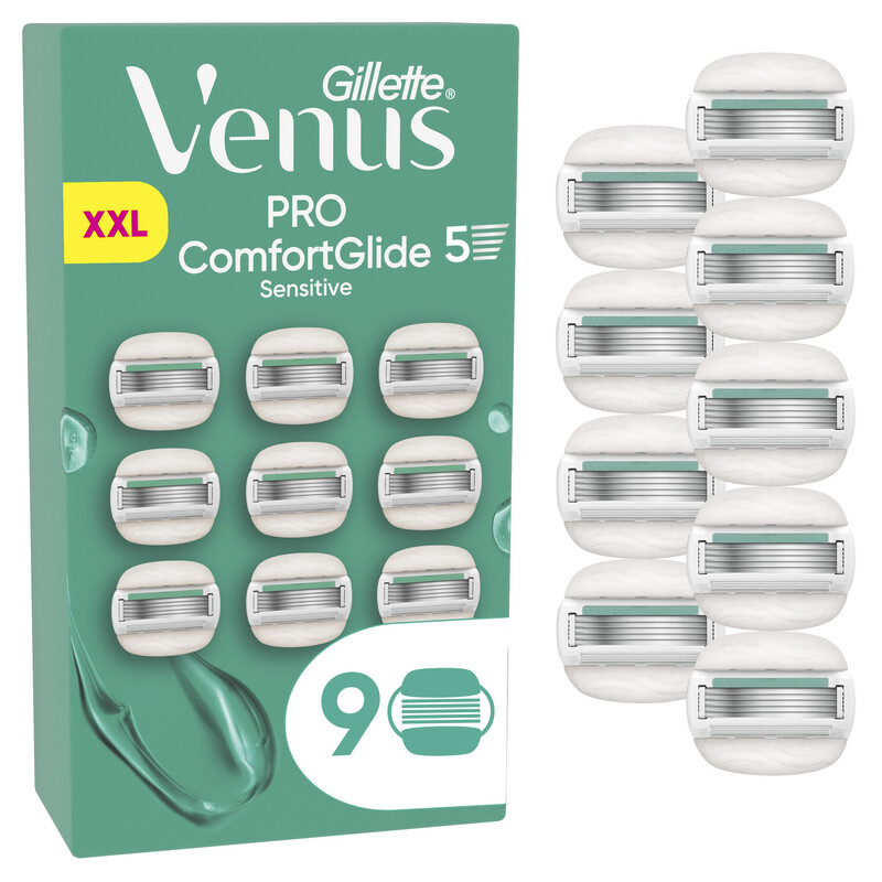 Gillette Venus Pro ComfortGlide Sensitive Damenrasierer mit 9 Ersatzklingen, Aloe Vera, Metallgriff und Halterung