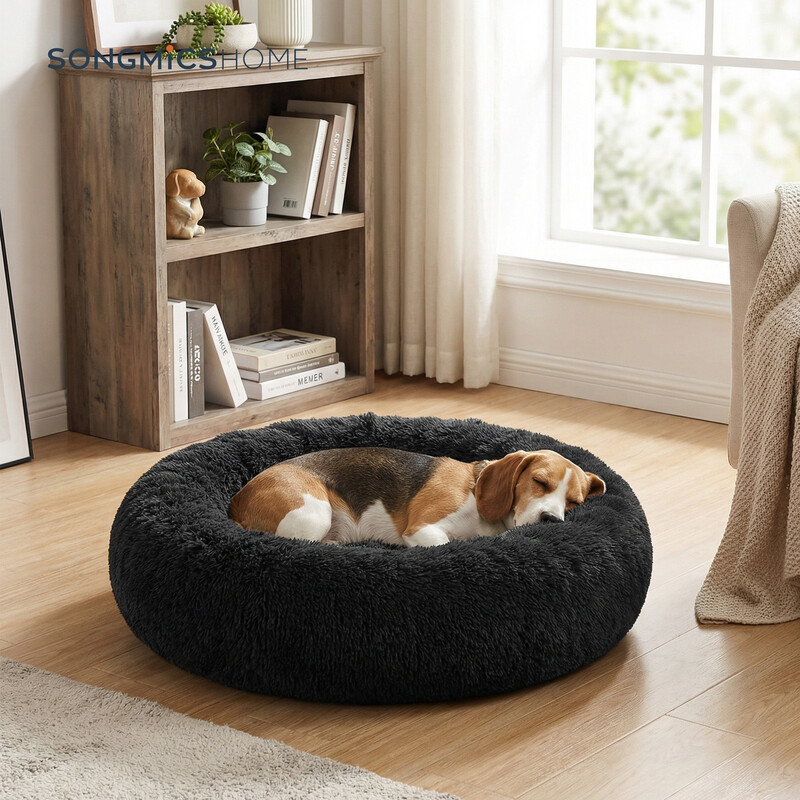 SONGMICSHOME Plush Donut-Shaped Dog Crate Bed with Removable & Washable Cover, Black,