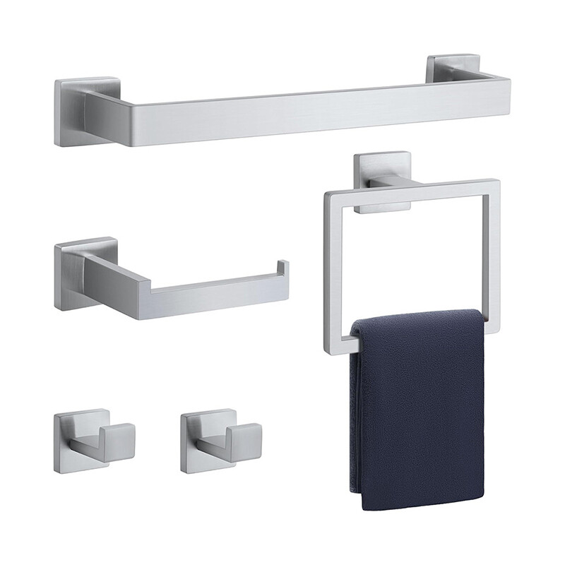 5-Piece Silver Towel Rack Set, Stainless Steel, Rust-Resistant