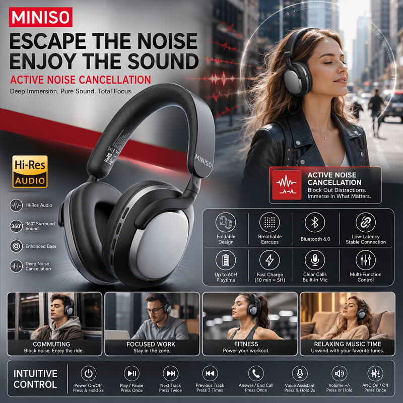 MINISO MG210 Kabellose Over-Ear-Kopfhörer mit Geräuschunterdrückung, 24 Stunden Akkulaufzeit, Bequemer Sitz, Klarer Klang, Sichere Passform, Leichtes Design für Musik, Sport und Bürogebrauch (Schwarz)