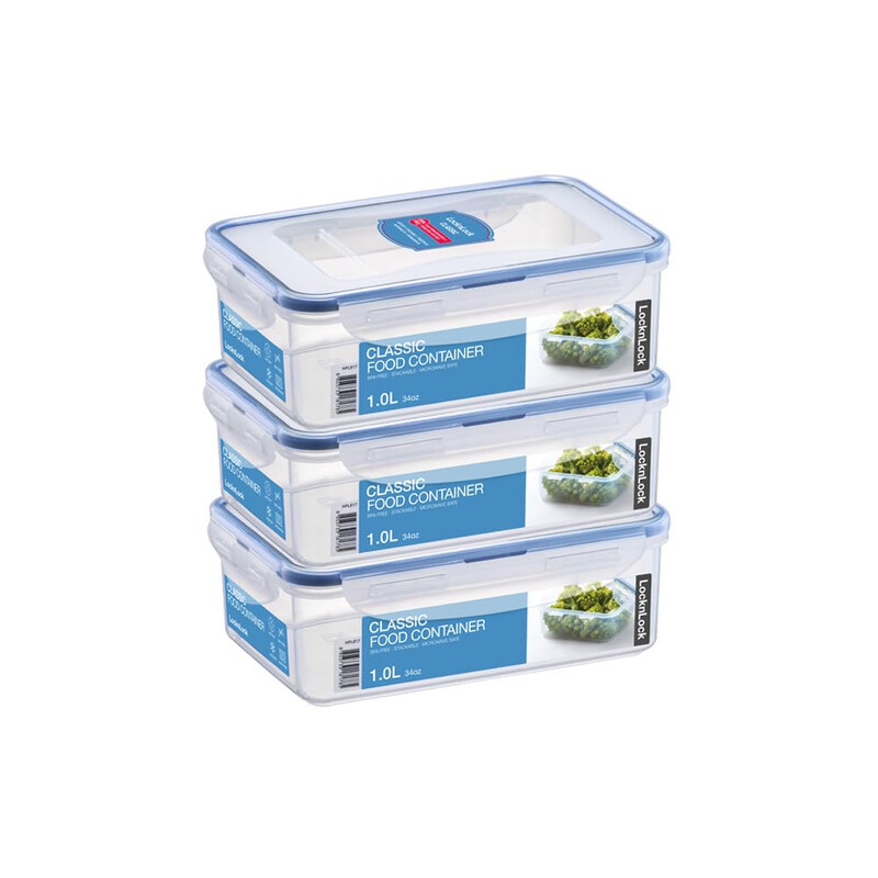 LocknLock Rechteckiges Frischhaltedosen-Set (3er-Pack), je 1 L, insgesamt 3 L, transparent, PP-Kunststoff/dicht & auslaufsicher/ stapelbar/BPA-frei/mikrowellengeeignet (ohne Deckel, bis 130 °C)/gefriergeeignet (-20 °C)/spülmaschinenfest (oberer Korb)/nich
