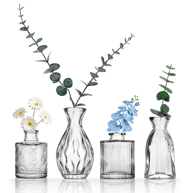 4 stuks 11,1 cm kleine glazen vazen, voor tafeldecoratie, bruiloft, receptie, huis, vintage flessen, transparant, decoratieve glazen vazen met deksels (4, transparant)