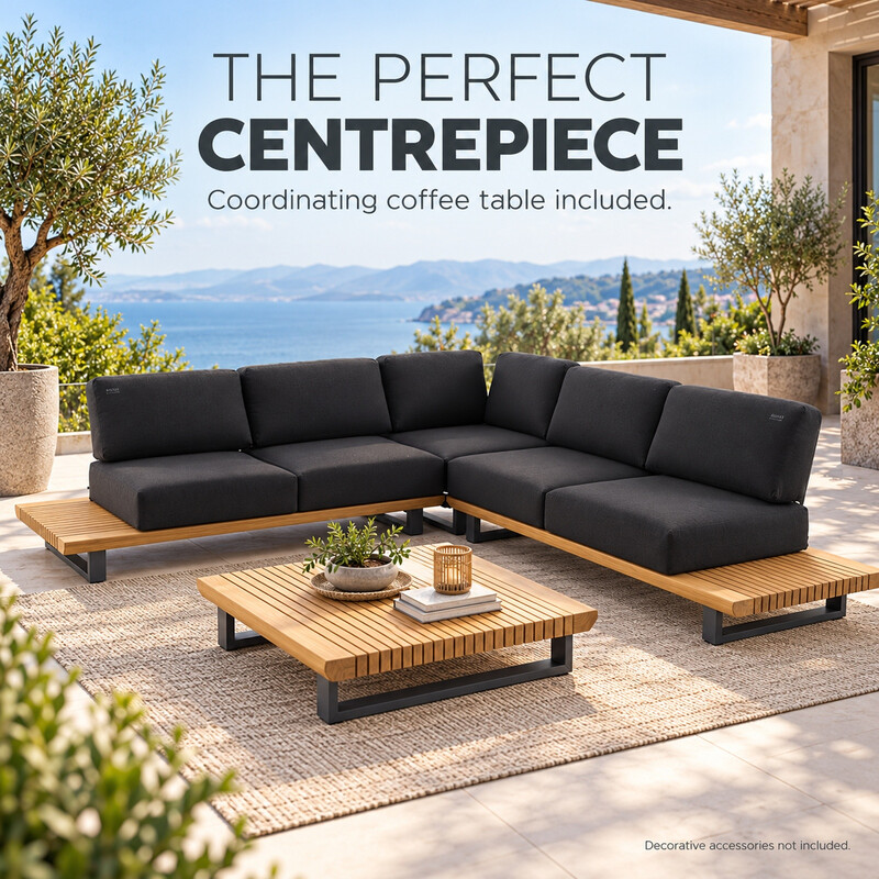 Royal Garden Basso 4-teiliges Garten-Loungeset mit L-förmigem Sofa, Teakholz-Couchtisch, Aluminiumrahmen und dunkelgrauen Sitz- und …