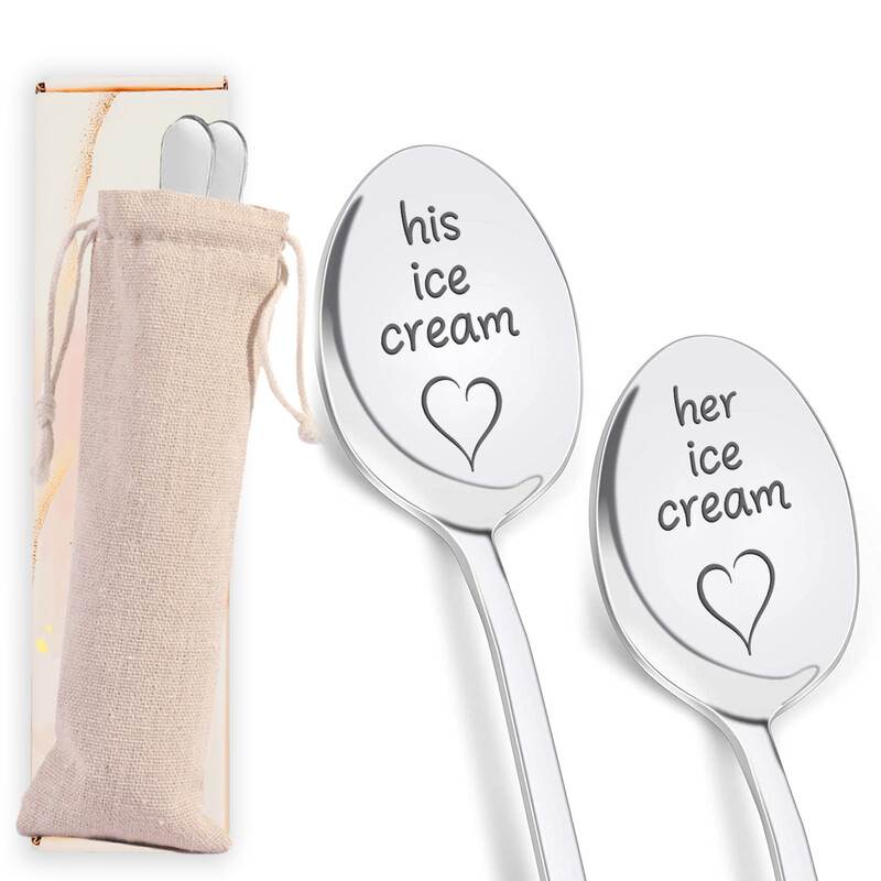 2PC Couples Ice Cream Spoon Collection, Matching His & Hers Design with Sweetheart Qu
