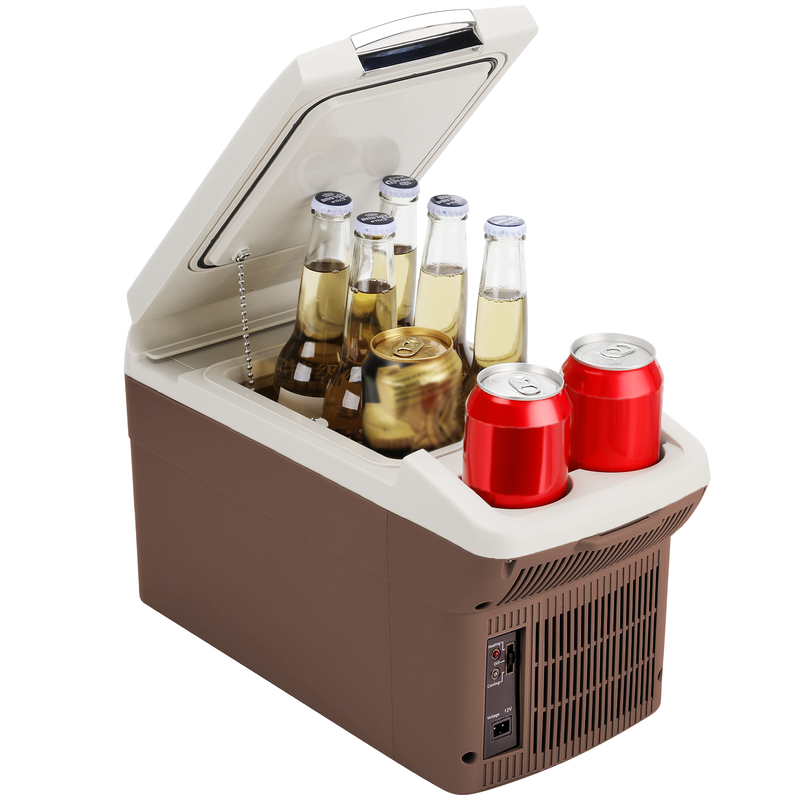 ICEROVER PN-06 6 liter 12V auto-koelkast en warmhoudkast, draagbare mini-koelkast met dubbele bekerhouders, bruin, ideaal voor drankjes, snacks en roadtrips