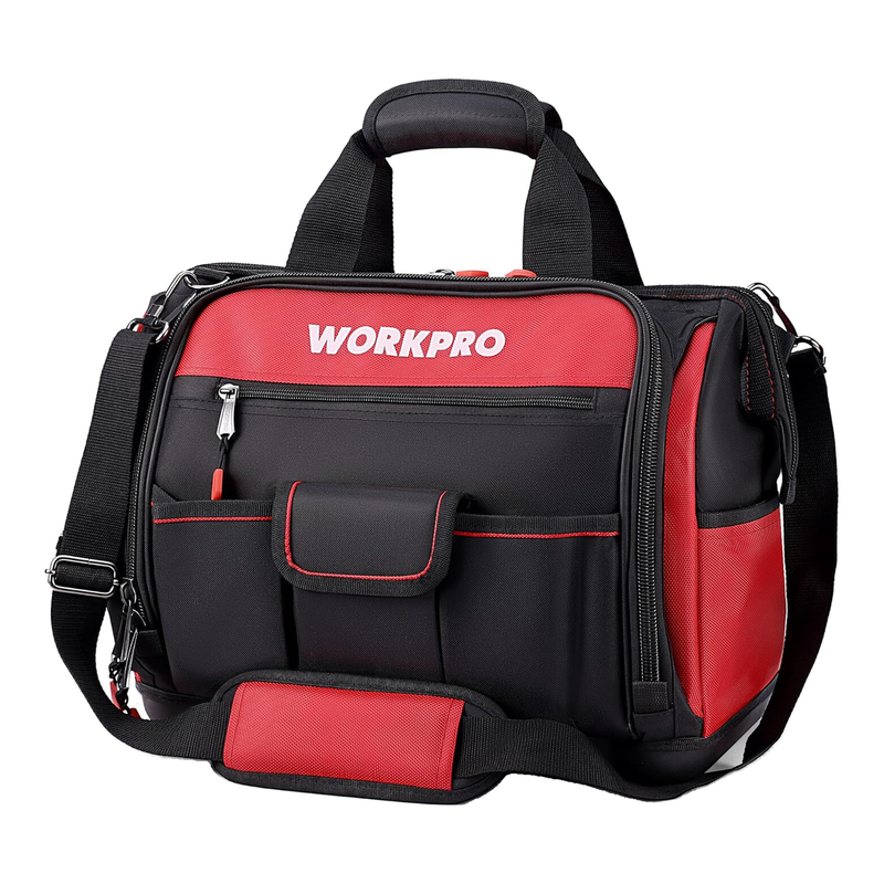 WORKPRO 16 Zoll Heavy Duty Werkzeugtasche 42 x 24,5 x 34 cm | 1680D Polyesterstoff, Wasserdichter harter Boden, Weit geöffneter Eingang, 39 Taschen mit Gummiband und Haken, Schultergurt