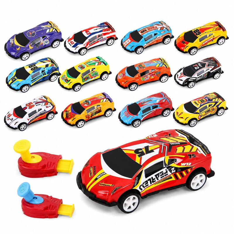 Rückzieh-Rennwagen-Set 12-teilig mit Startrampe, verschiedene Fahrzeugdesigns