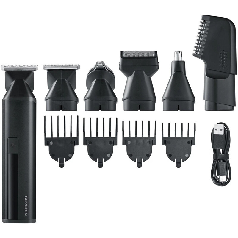 Severin HS 0710 6-in-1 Multifunktionales Pflegeset – Barttrimmer, Haarschneider, Körperhaartrimmer, Nasenhaartrimmer, Wasserdicht, Kabellos, 90 Minuten Laufzeit, Schwarz