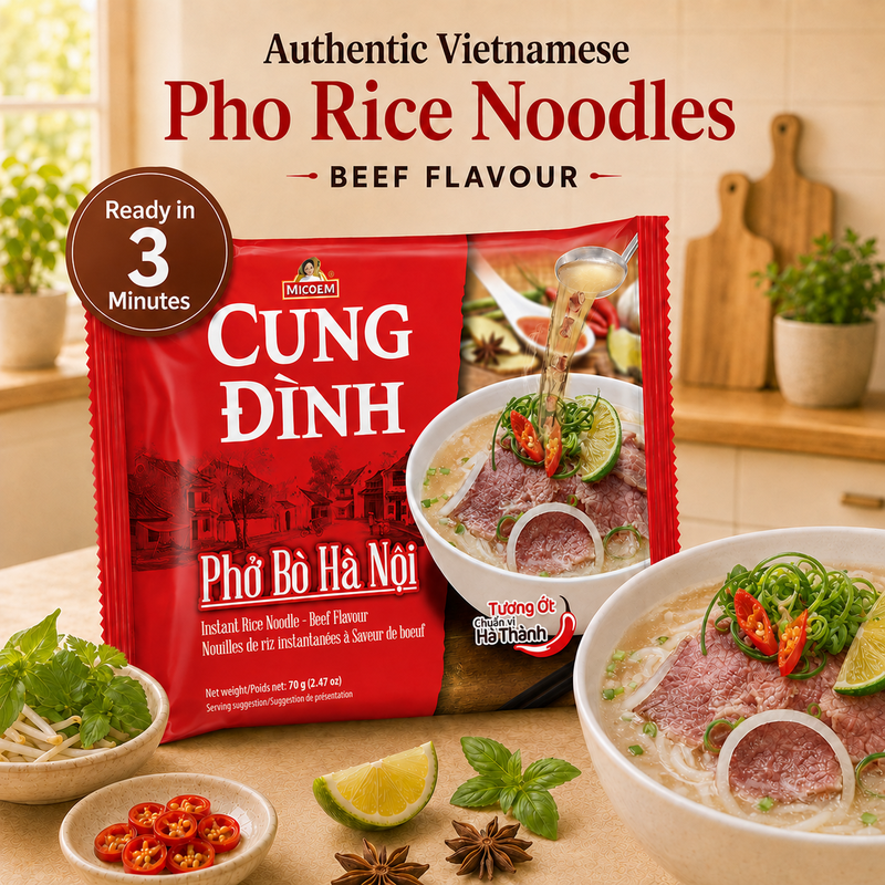 Kool CUNG DINH Beef Pho Bo Ha Noi 70g | Beef Flavour Instant Rice Noodle Soup | Hanoi-Style Vietnamese Pho Packet