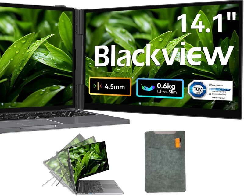 Blackview SCM6 Laptop-Bildschirmerweiterung (600g, 4,5mm) - 14" FHD IPS Augenfreundlicher Tragbarer Monitor für Laptops, Integrierter Ständer, Doppeldisplay für 13"-17" Laptops, Plug & Play für Mac/Windows/Android