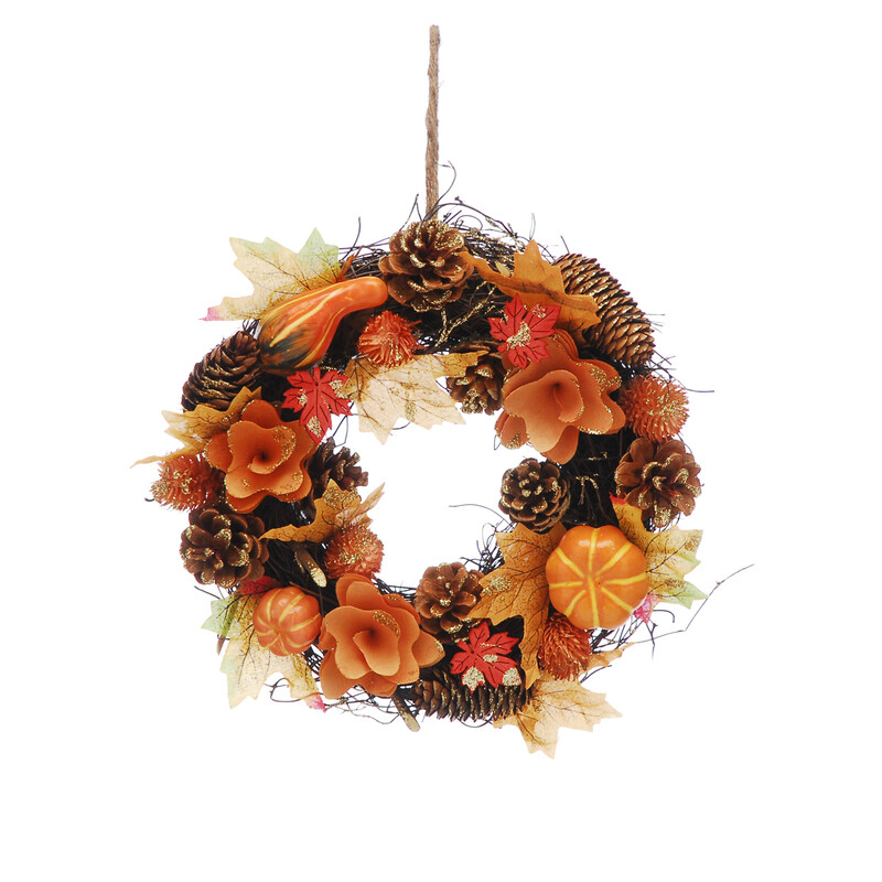 Festive 30Cm Orange Flowers/Pumpkins Autumn Wreath