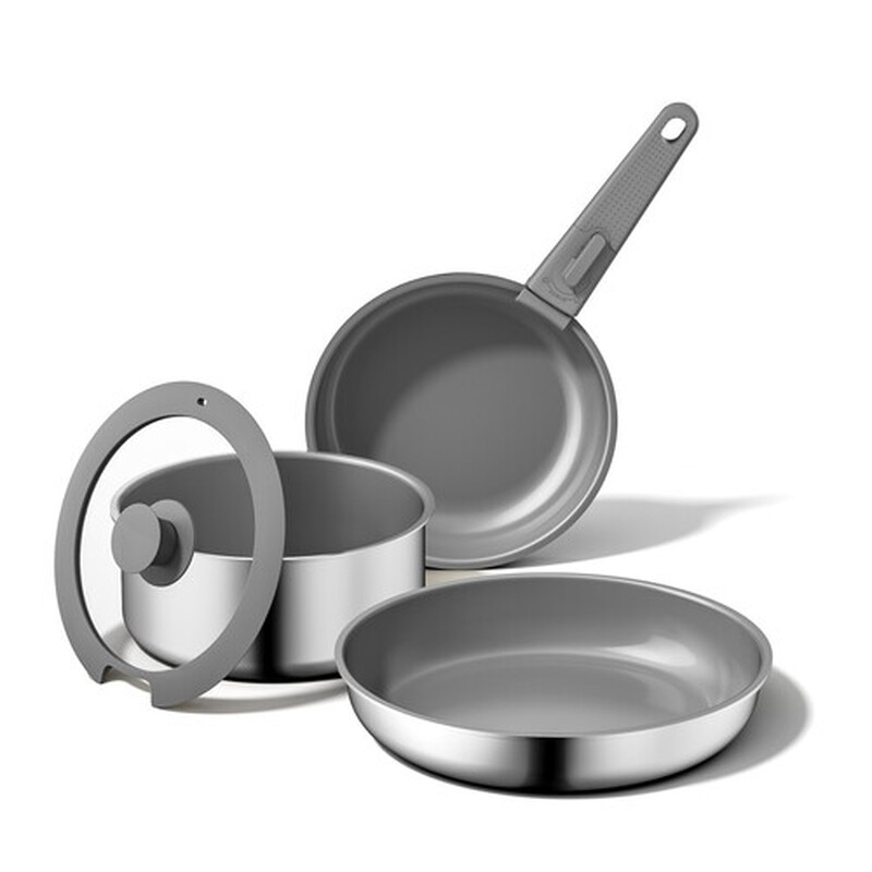 naturepan 5-delig keramisch pannenset, roestvrijstalen buitenkant, antiaanbaklaag, 10x duurzamere superkeramische coating, afneembare handgreep, set voor inductiekookplaat, 75% ruimtebesparend, PFAS- & PFOA-vrij, pannenset voor caravan en camping (grijs)