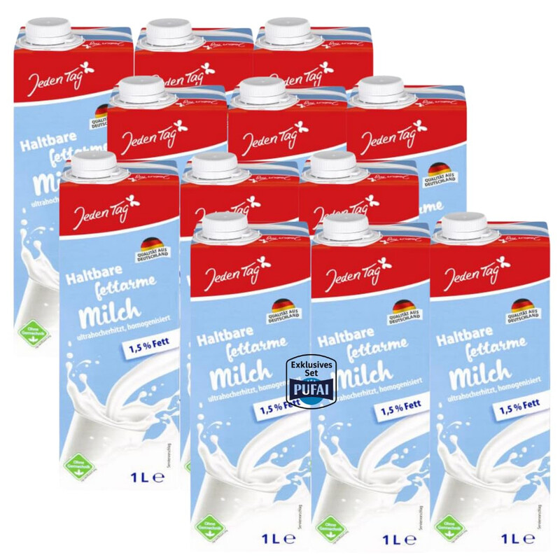 Jeden Tag H-Milch UHT-Milch 1,5% Fett, haltbare homogenisierte fettarme Milch, 12 x 1 L Kartons (12 L insgesamt)