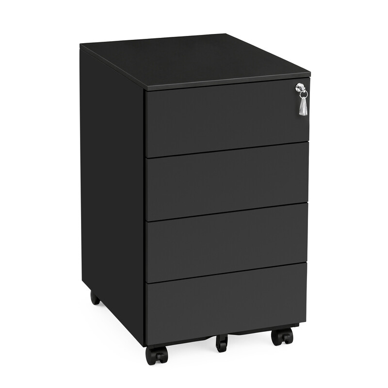 JOYFURNOS Afgesloten mobiele archiefkast – Inktzwart, 4 laden, voorgeassembleerd, voor documenten & kantoorbenodigdheden, 39 x 45 x 69,3 cm – perfect voor kantoor of thuiskantoor