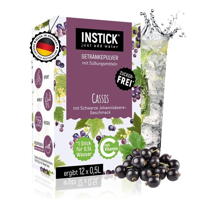 INSTICK Zuckerfreies Instant-Getränk (Cassis) - 1 Packung für 12 x 0,5-1 L - Veganes Getränkepulver Kalorienarm & Vitamin C - Instant-Pulver