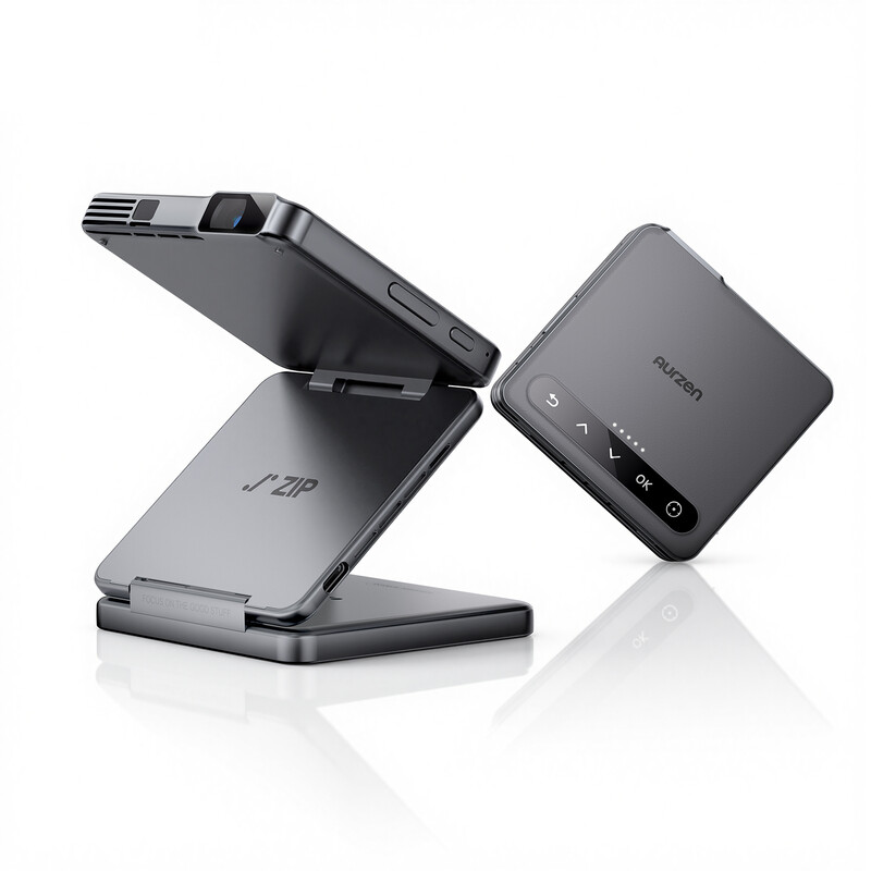 Aurzen Tri-Fold DLP Mini Beamer mit Akku 5000mAh, 1,5 Stunden Laufzeit, Tragbarer Projektor 4k unterstützt mit ToF-Autofokus, Bluetooth, WLAN und USB-C für Outdoor, Heimkino, Reisen, und Zeichnen, , Grau