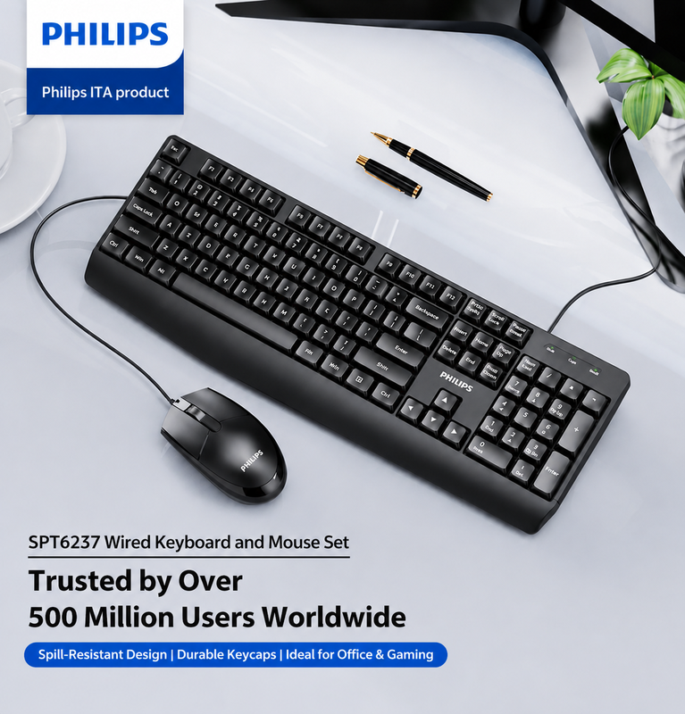 Philips bedraad toetsenbord- en muisset, 2000-serie, SPT6237B/05, UK Engelse versie, Zwart