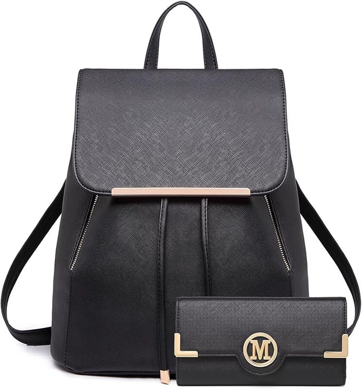 Backpack Womens with Long Purse Fashion Backpacks Black Backpack Ladies PU Leather Wa