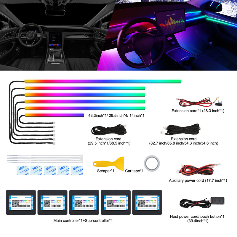 Dreamcolor Acrylic Interior Car LED Strip Light with Wireless APP, RGB 6 in 1 with 17
