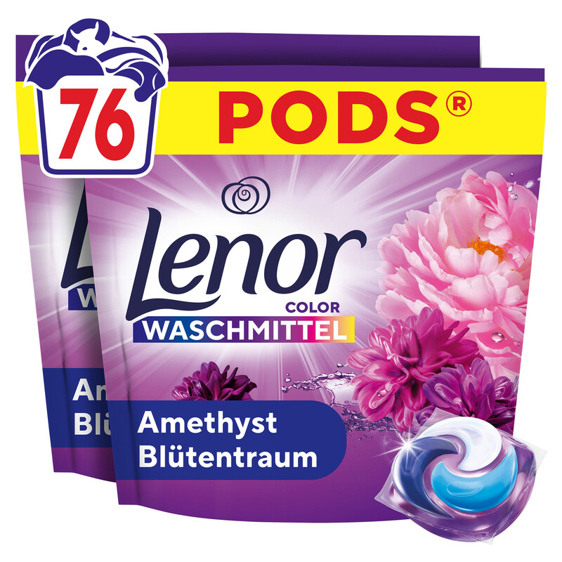 LENOR PODS® Color Waschkapseln Waschmittel 76 Waschladungen, Amethyst Blütentraum, Lang Anhaltende Frische Und Extra Geruchsabwehr