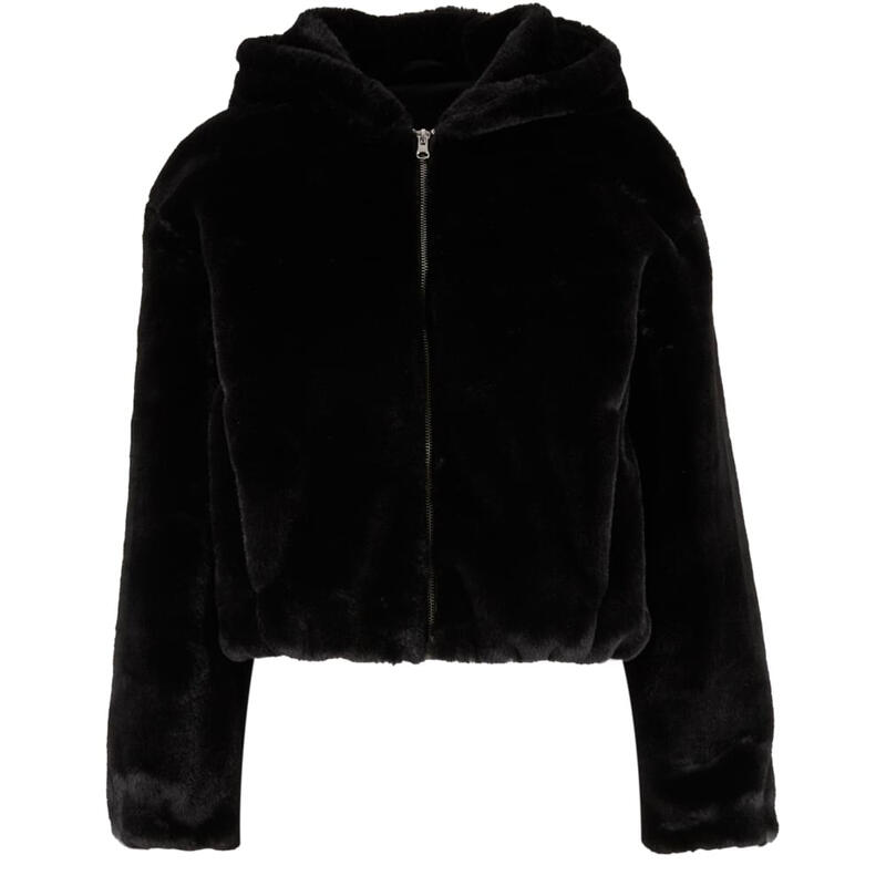 Urban Classics Damen Full-Zip Kunstfell Kapuzenpullover Schwarz