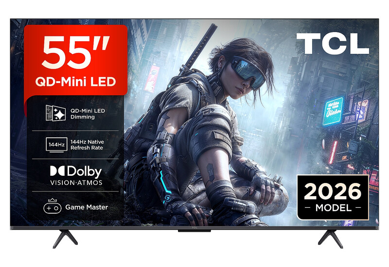 TCL 55T8D 55 Zoll QLED TV mit QD Mini LED Dimming, 4K HDR Ultra HD, Smart Google TV (Dolby Vision, HDR10+ & Atmos, 144 Hz VRR, FreeSync Premium, Game Master